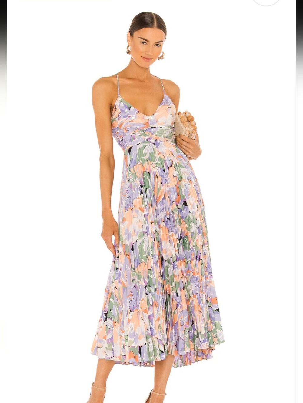 NWOT | ASTR - Pastel Floral Pleated Midi Dress Lavender, Coral & Green - Medium